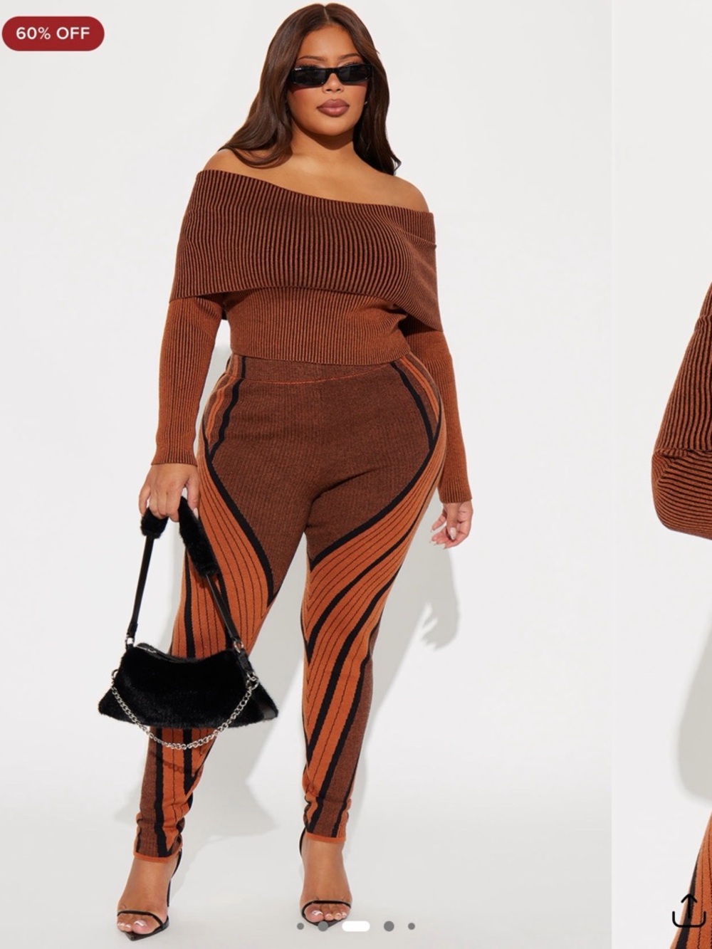 Off-Shoulder Brown Knit Pant Set